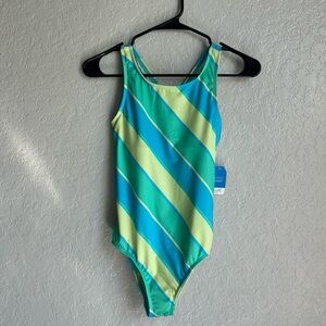 NWT Lands End Girls' One-Piece Swimsuit in Aqua & Lime Stripes Large 10-12